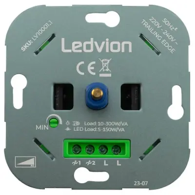 Close-up of a Ledvion dimmer switch with voltage specifications, adjustment knob, and wiring terminals visible on a gray panel.