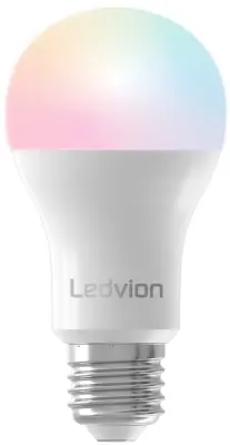 A white LED light bulb with a silver base, emitting a soft gradient of colors. The brand "Ledvion" is printed on the side.